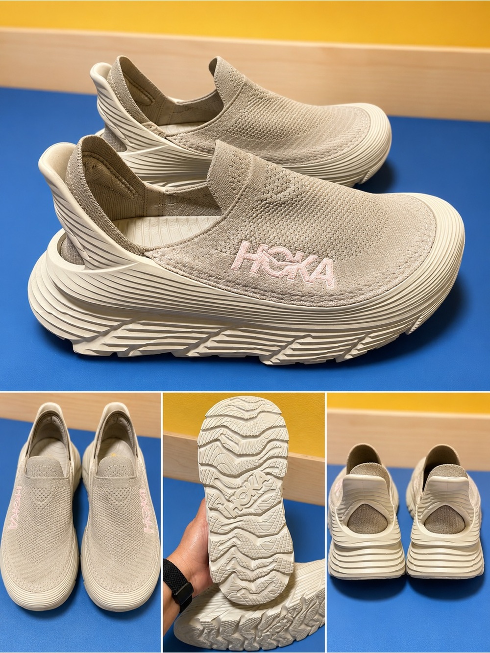 Hoka Kids Slip-On Sneakers in Light Beige with Pink Logo